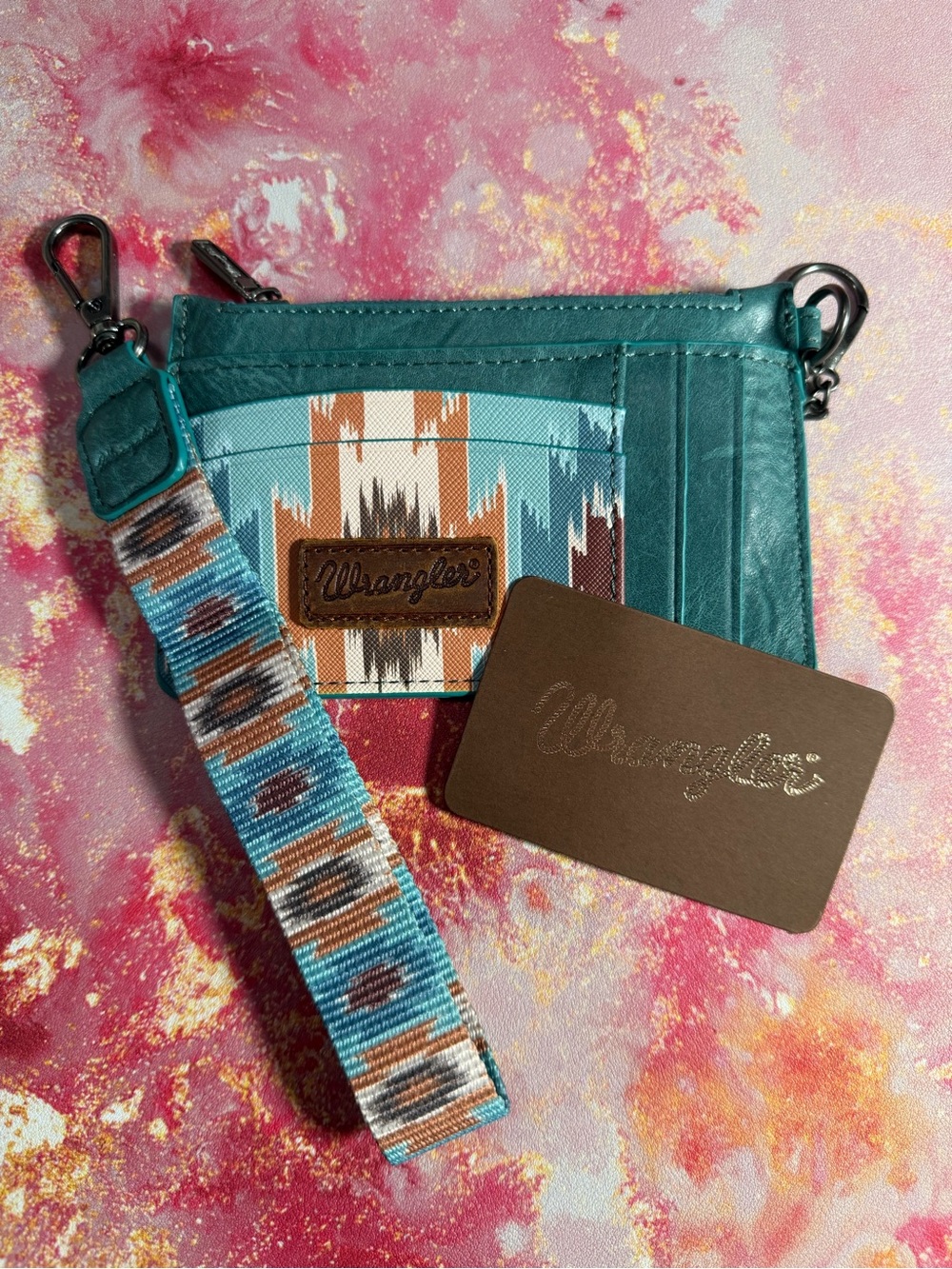 Wrangler Teal Aztec Pattern Wristlet with Woven Strap